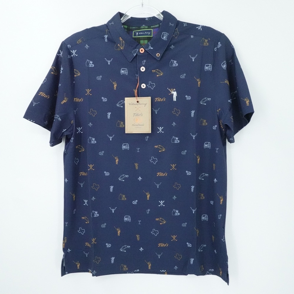 William Murray Polo Mens M Navy Tito's Vodka Golf Shirt‎ Texas Cocktail Print